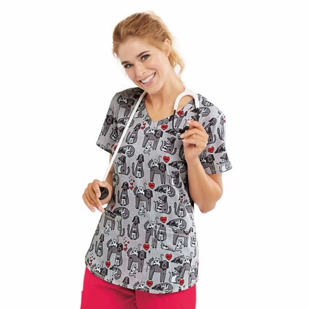 Skechers Gray Dog Print Scrub Top